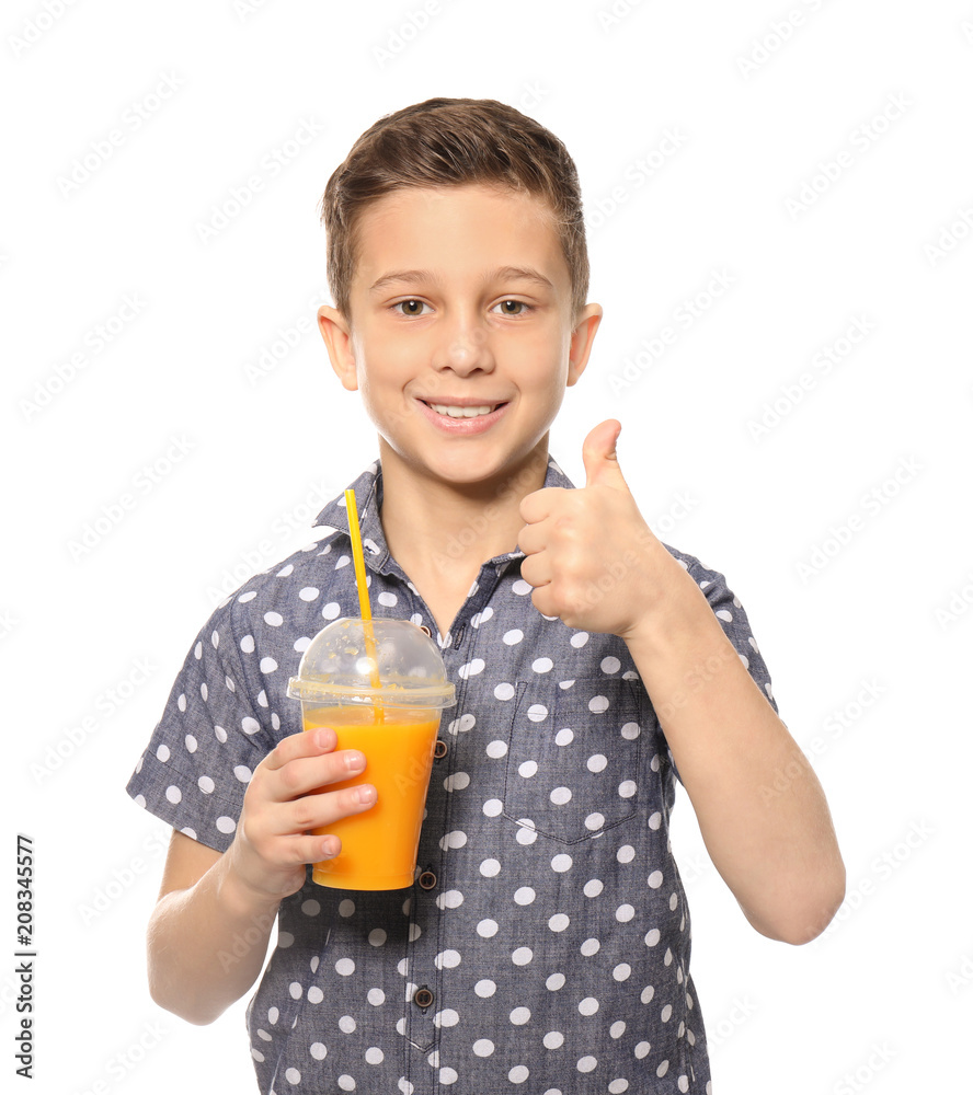 Funny little boy with citrus juice on white background Funny little boy with citrus juice on white background