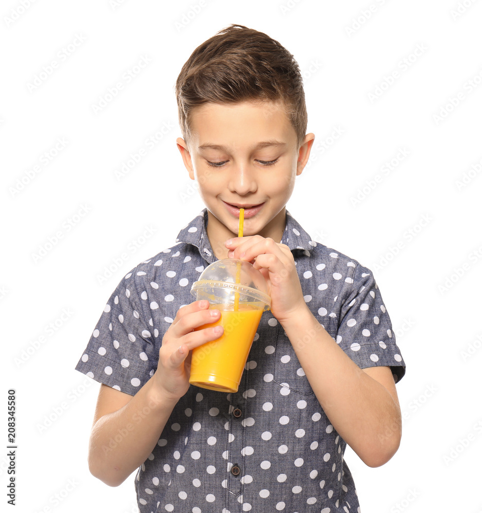 Funny little boy with citrus juice on white background Funny little boy with citrus juice on white background