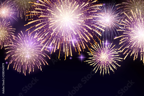 Vector Brightly Colorful Fireworks on night sky background