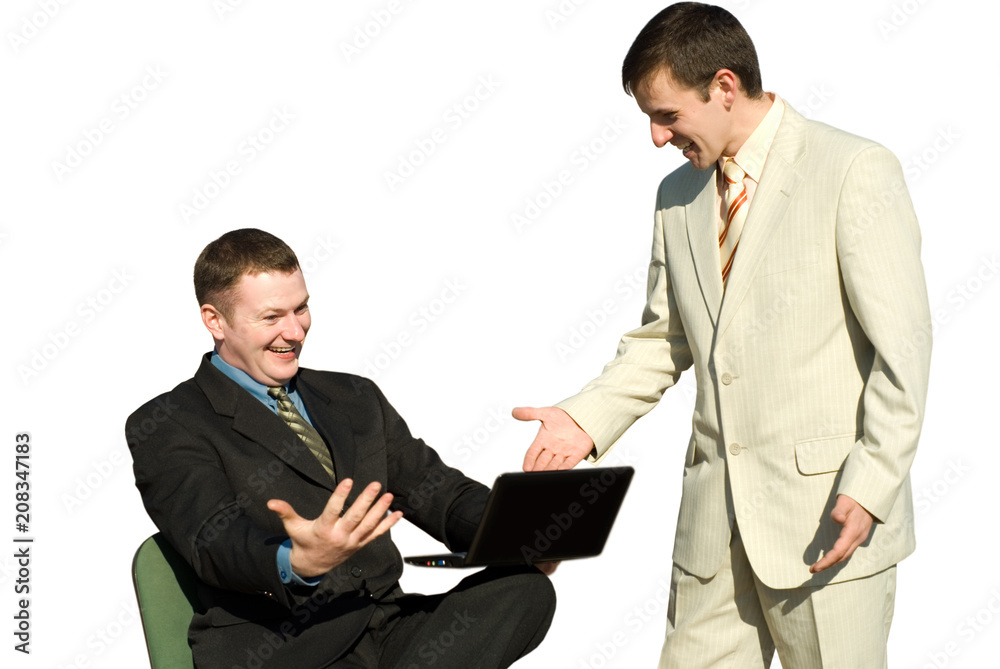 two happy businessmen with laptop