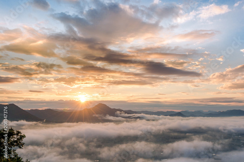 beautiful sunrise in the morning with fog