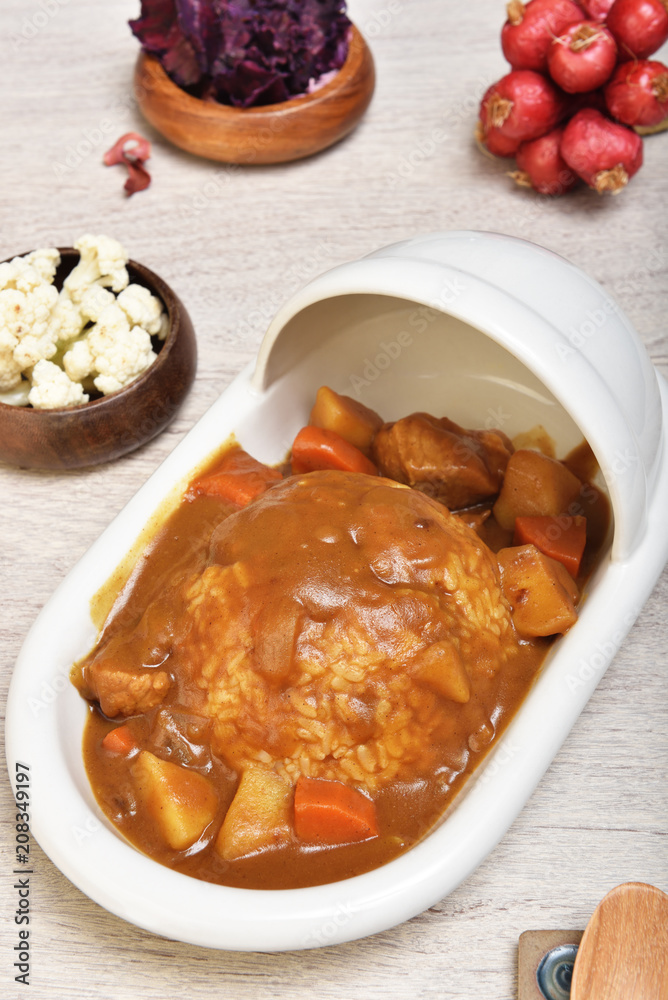 Curry with rice on a plate of shape of toilet Curry with rice on a plate of shape of toilet