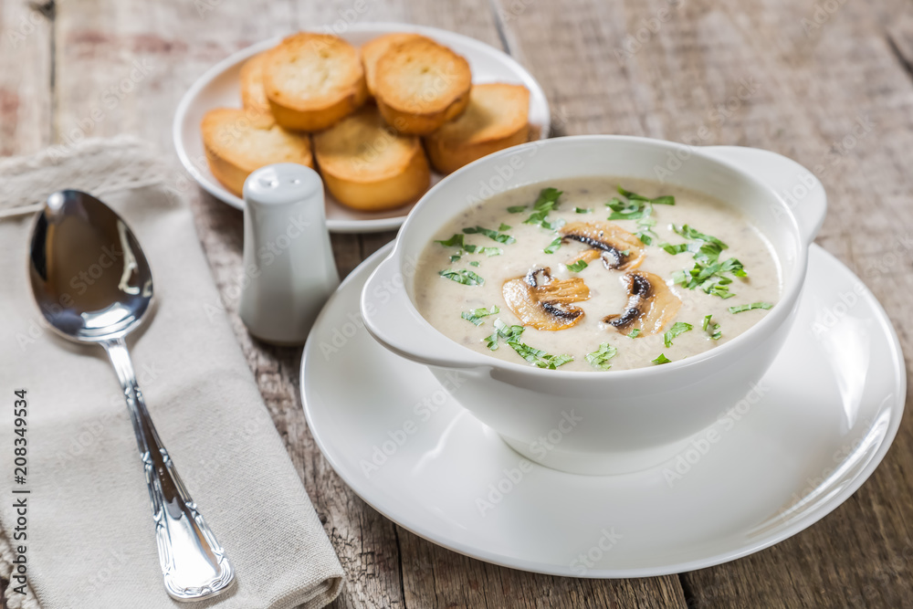 Cheese cream soup with mushrooms. Copy-space.
