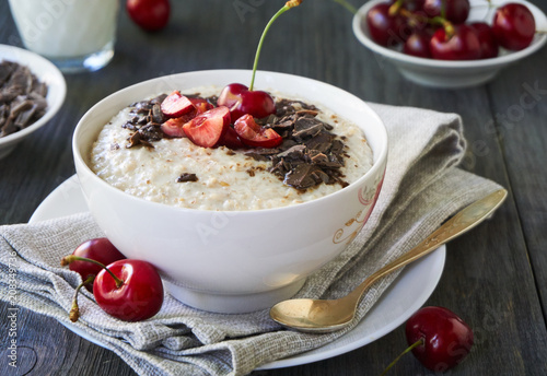 Barley porridge with cherries and chocolate