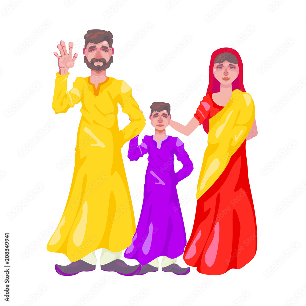 Father of mother and son are standing in front of white background, family of Indians