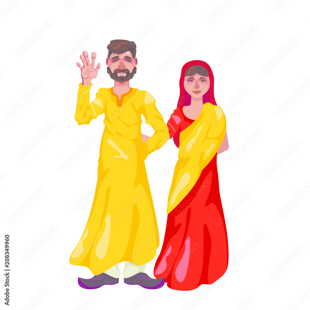 Bearded man in lungi and woman in sari stand on white background