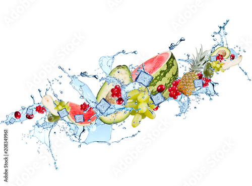Splash with fruits, orange, kiwi, blackberries, raspberry, melo, pineapple, pear, grape, avocado isolated on white background. 