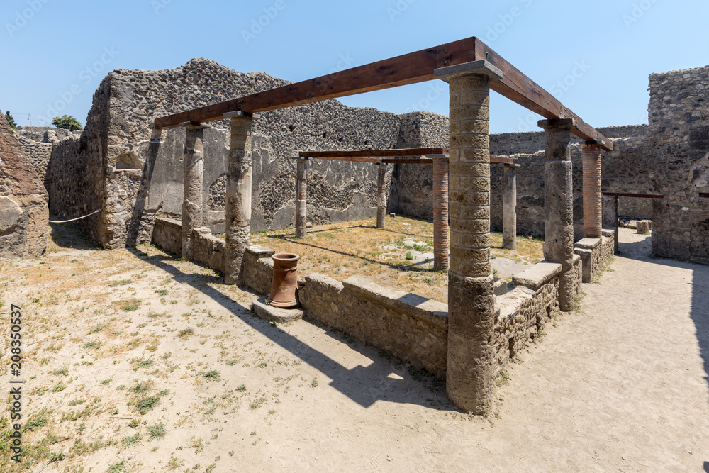  Ancient city of Pompeii, Italy. Roman town destroyed by Vesuvius volcano.