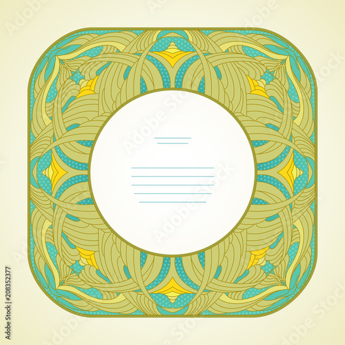 Square vignette with abstract patterns of geometric shapes. Pattern in modern style.
Stained glass technique. Marine depth theme, stylized bubbles and seaweed.