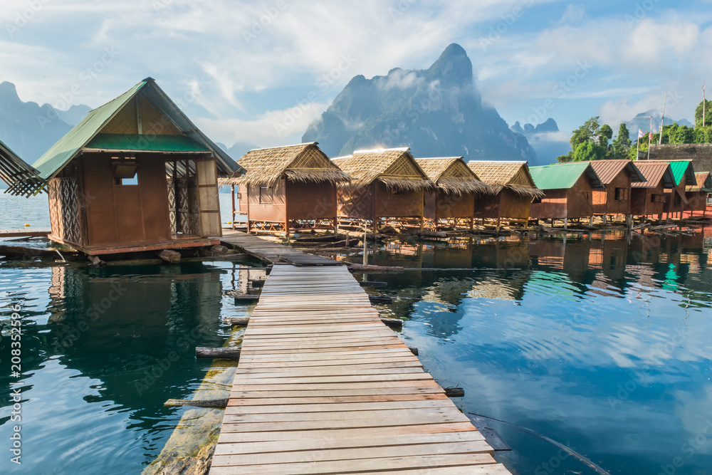 beauty full hotel in paradise with water and sunrise in the morning  at  khao sok surat thani thai land 