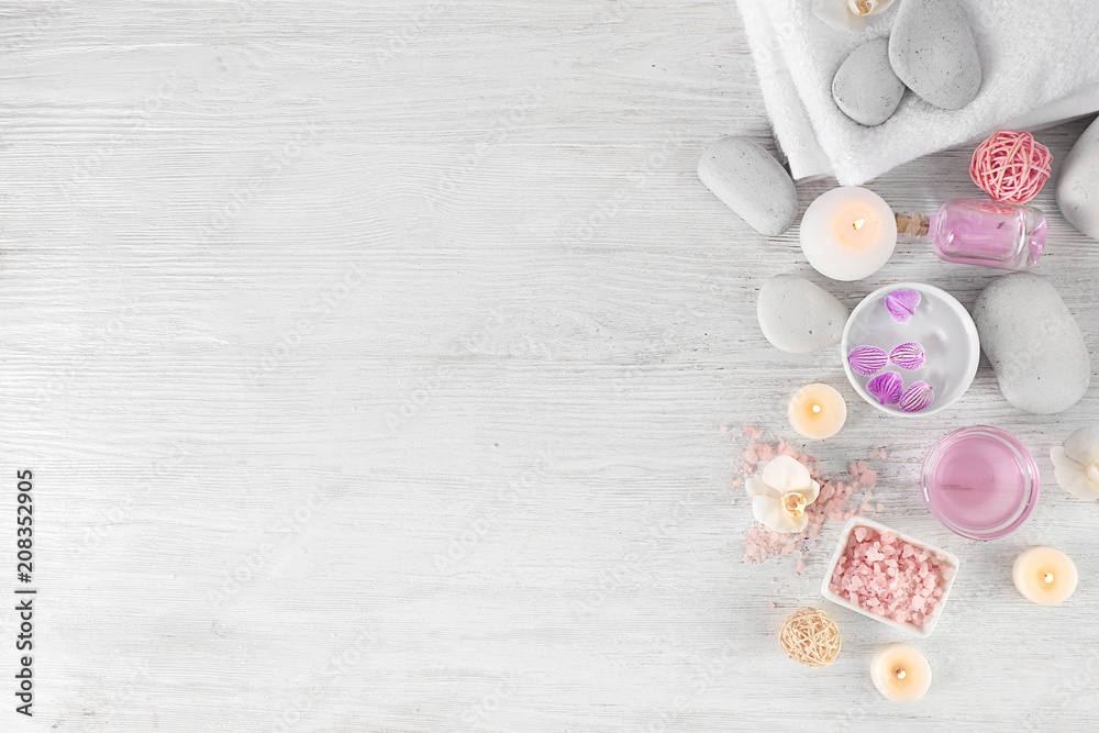 Set for spa treatment on wooden background Set for spa treatment on wooden background