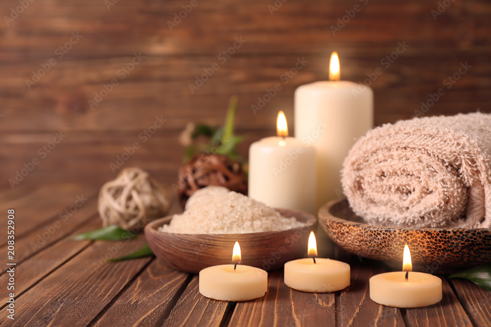 Set for spa treatment on wooden table Set for spa treatment on wooden table
