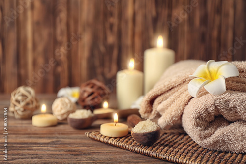 Set for spa treatment on wooden table