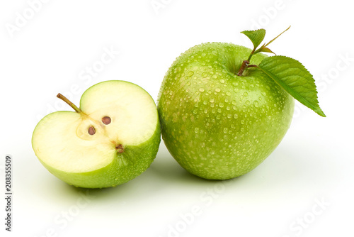 Whole green apple granny smith with leaf and half, isolated on white background.