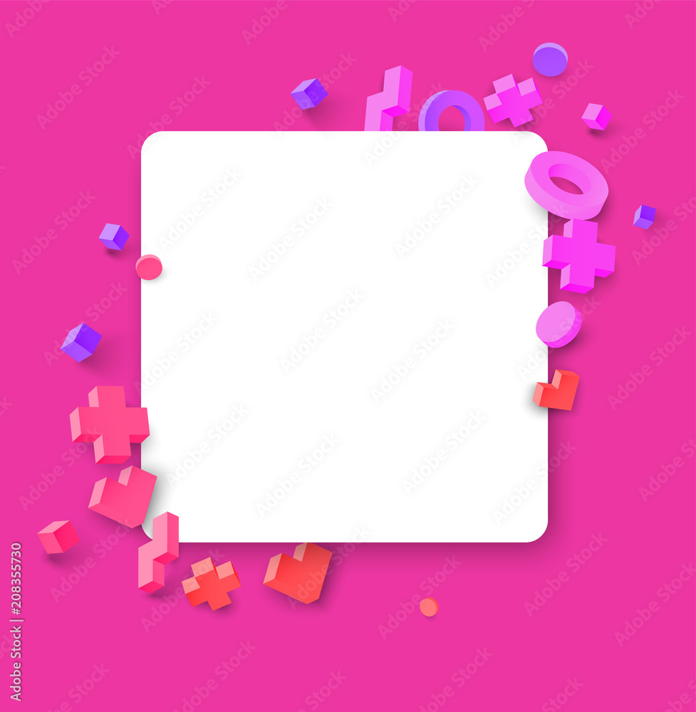 Pink and white background with colour geometric 3d figures.