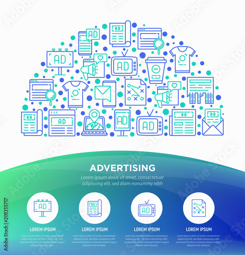 Advertising concept in half circle with thin line icons: billboard, street ads, newspaper, magazine, product promotion, email, GEO targeting, social media. Vector illustration, web page template.