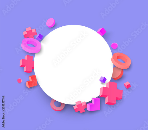 Lilac and white round background with pink 3d geometric figures.