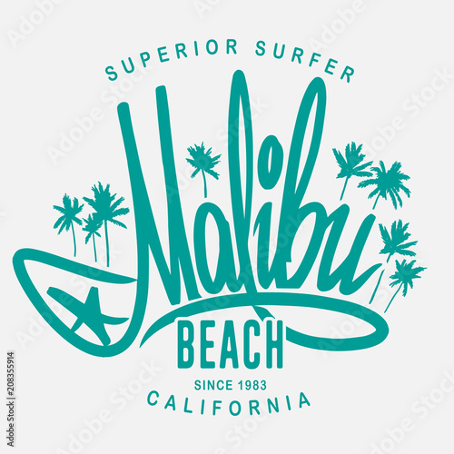 Malibu surf typography, vector t-shirt print design