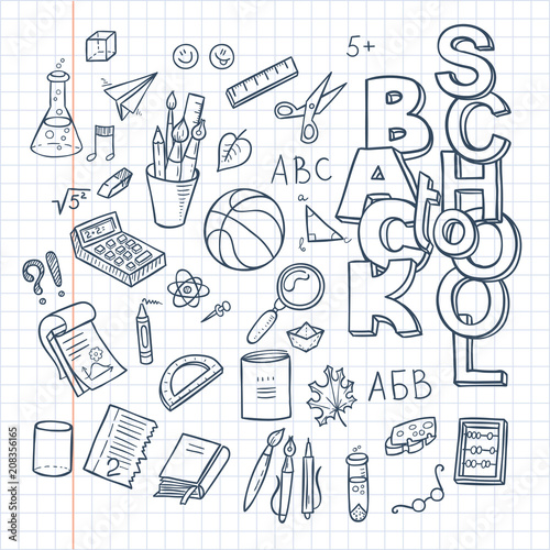 Back to School Supplies collection. Sketchy notebook doodles set with lettering