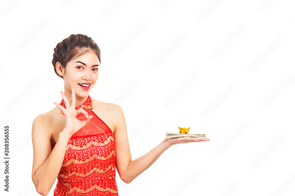 Portrait beautiful asian woman: Attractive lady hold cash or dollar and chinese gold or chinese money. Charming woman show symbol of o.k., gorgeous girl is satisfied it, isolated and white background Portrait beautiful asian woman: Attractive lady hold cash or dollar and chinese gold or chinese money. Charming woman show symbol of o.k., gorgeous girl is satisfied it, isolated and white background
