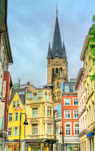 Street in the old town of Aachen, view to the Cathedral. Germany
