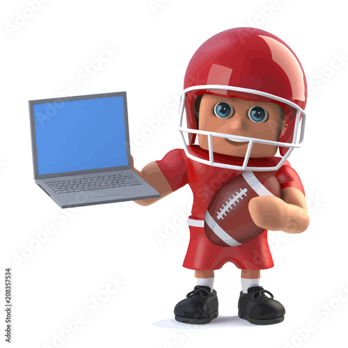 Vector 3d American footballer holding a laptop pc