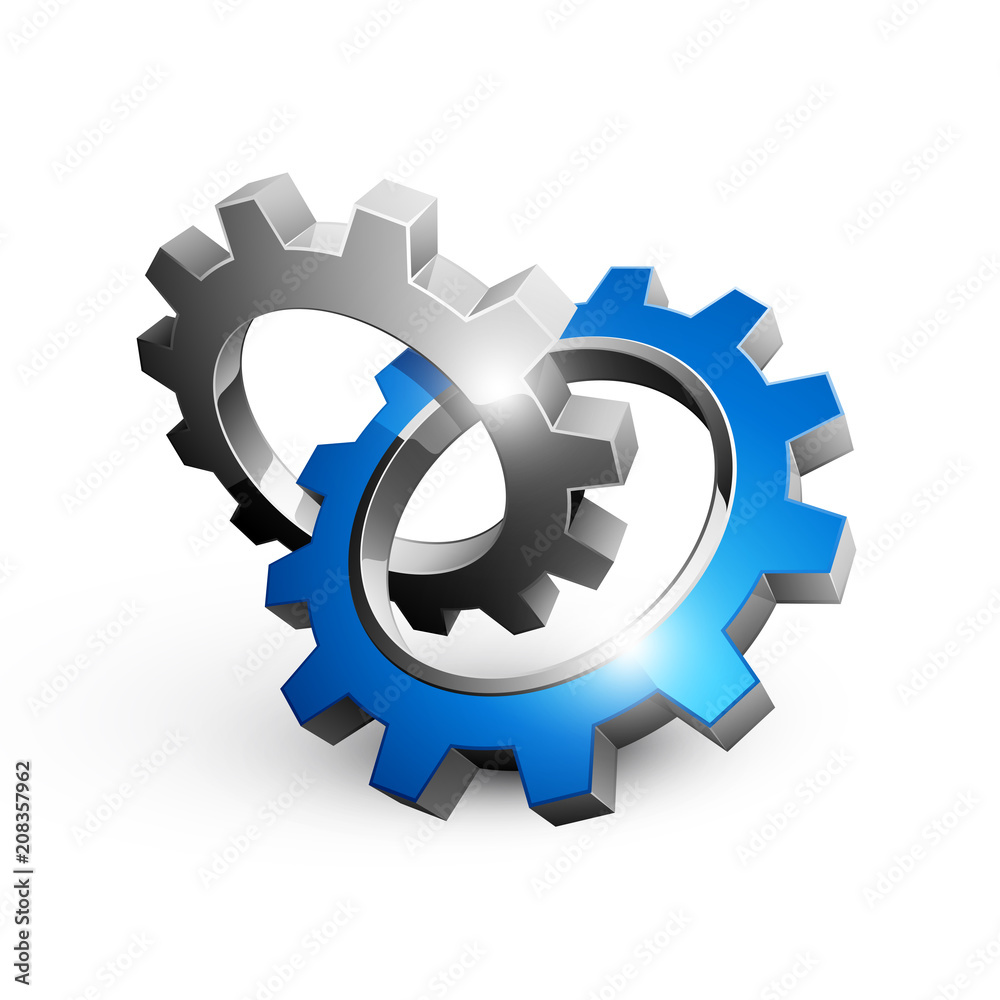blue and silver 3D gears attached together blue and silver 3D gears attached together