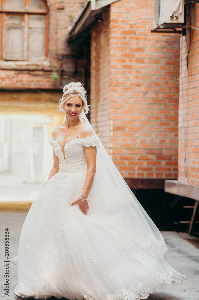 Fototapeta premium Wedding fashion. Beauty portrait of a bride wearing fashion wedding dress with feathers with luxury delight make-up and hairstyle.