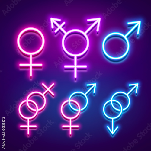 Various gender identities and sexualities, neon glowing icons, vector illustration