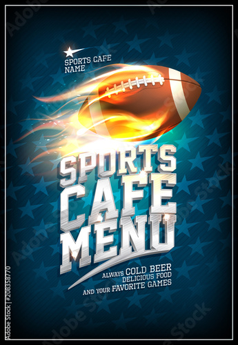 Sports cafe menu design concept with fiery leather rugby ball