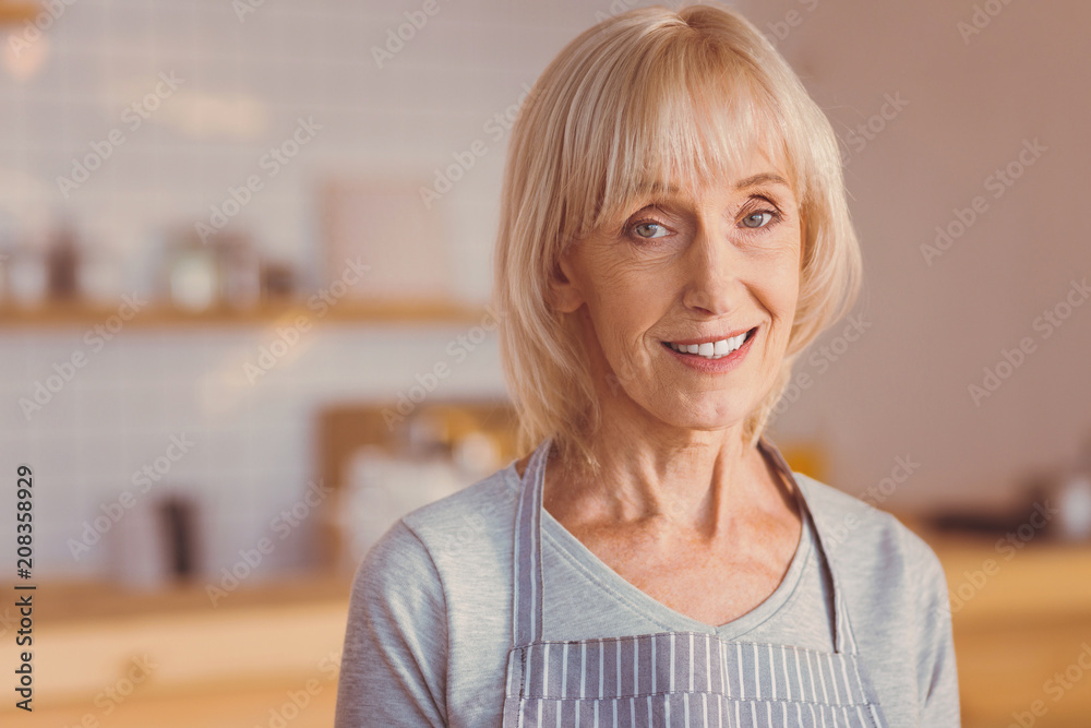 Pleasant smile. Charming elderly woman in an apron posing for the camera and smiling brightly while working as a barista in a cafe Pleasant smile. Charming elderly woman in an apron posing for the camera and smiling brightly while working as a barista in a cafe