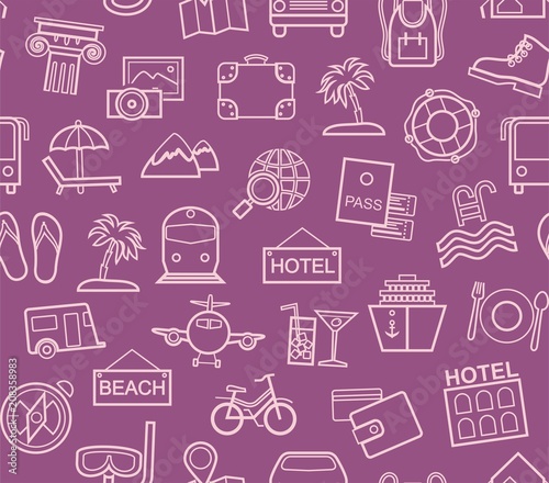 Travel, vacation, tourism, vacation, seamless pattern, outline, purple, color, vector. Different types of holidays and ways of travelling. Vector, color background. 