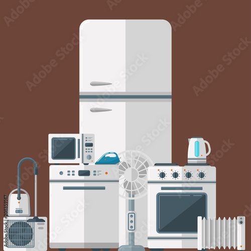 Home appliances vector domestic household equipment kitchen electrical domestic technology for homework tools illustration