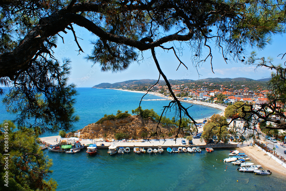 Fototapeta premium Panoramic view of Limenaria village in Thassos island, Greece