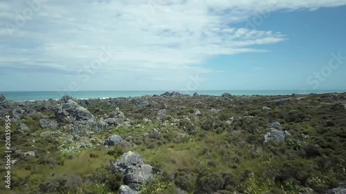 Aerial, flying over native New Zealand brush out to coast as waves crash. photo