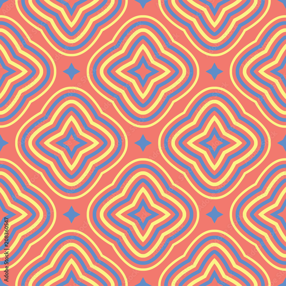 Geometric seamless pattern. Bright red background with blue and yellow design