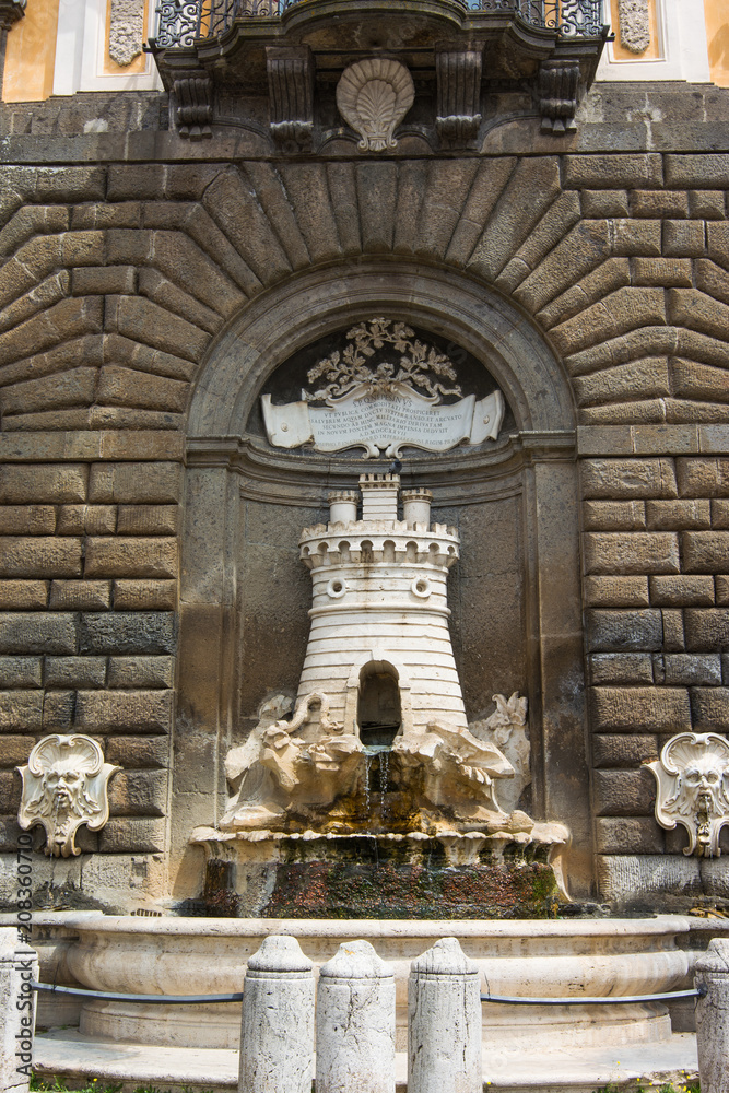 Nepi in Lazio, Italy. Town hall and fountain