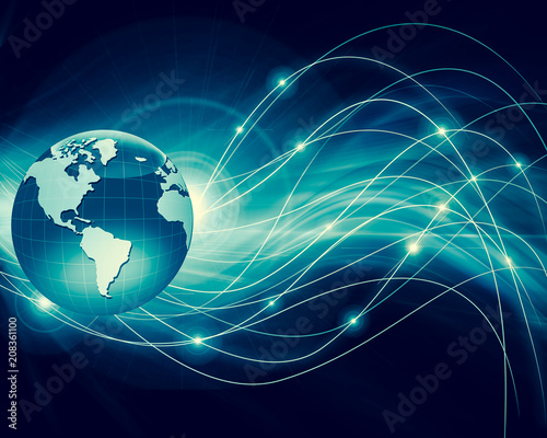 Best Internet Concept of global business. Globe, glowing lines on technological background. Wi-Fi, rays, symbols Internet, 3D illustration