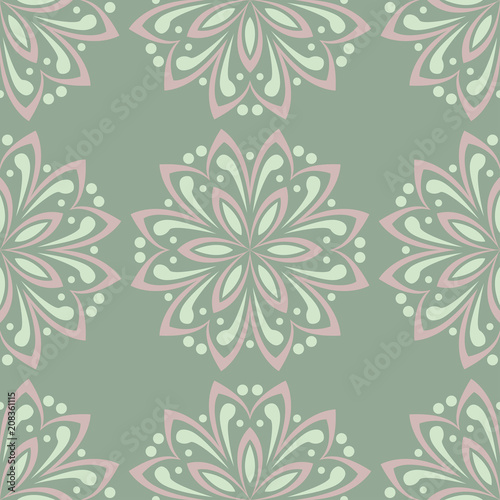 Floral seamless pattern. Olive green background with pale pink flower elements