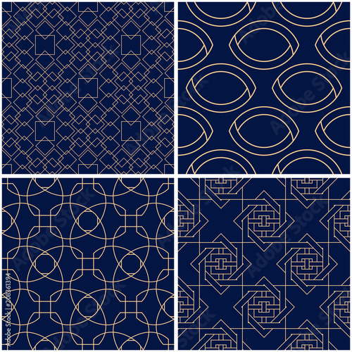 Wallpaper Mural Geometric patterns. Set of golden blue seamless backgrounds Torontodigital.ca