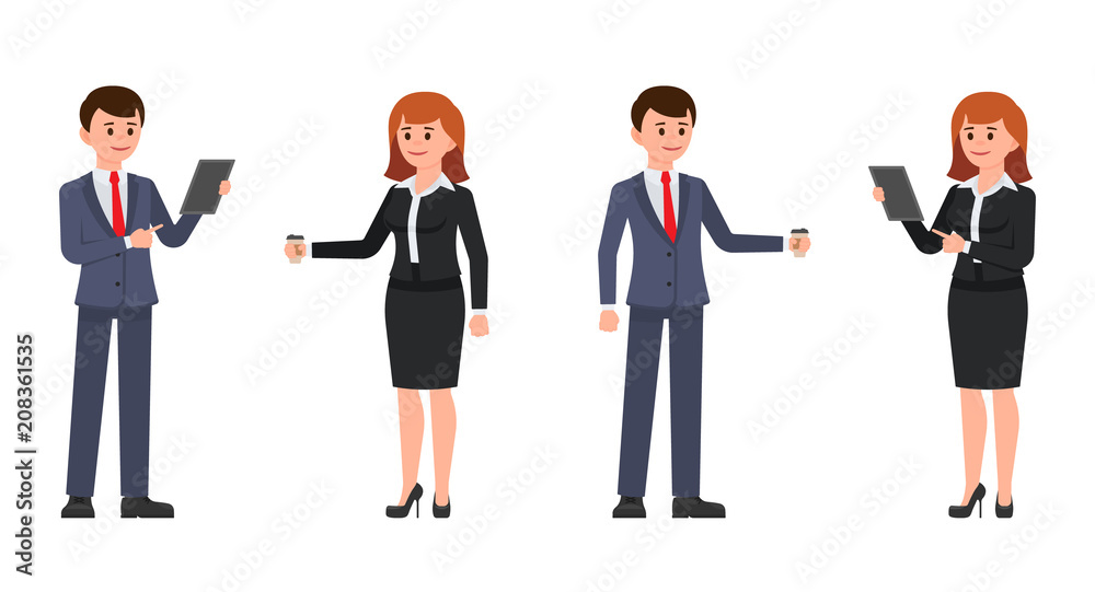 Businessman and businesswoman standing with tablet and coffee. Vector illustration of office coworkers cartoon characters Businessman and businesswoman standing with tablet and coffee. Vector illustration of office coworkers cartoon characters