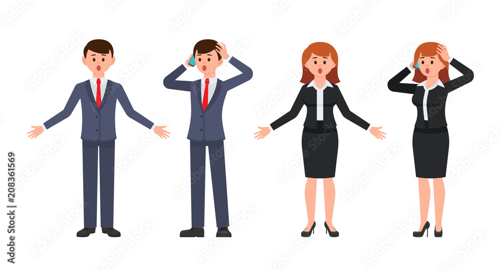 Surprised boy and girl office workers cartoon characters. Vector illustration of amazed business people Surprised boy and girl office workers cartoon characters. Vector illustration of amazed business people