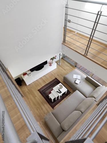 view from above of a modern living room interior with fabric sofa and wood flooring 