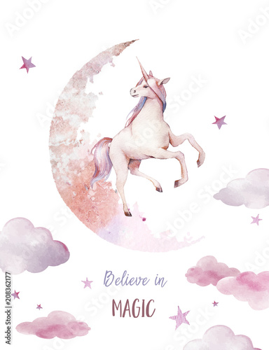 Believe in magic. Watercolor unicorn poster. Hand painted fairytale illustration with fantasy animal, moon, clouds, stars on white background. Cartoon baby art