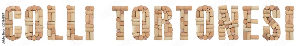 Word  Colli Tortonesi made of wine corks Isolated on white background