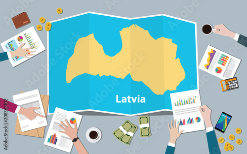 latvia economy country growth nation team discuss with fold maps view from top