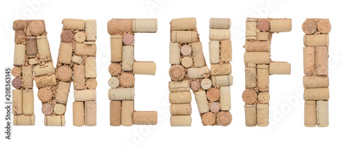  Word Menfi made of wine corks Isolated on white background photo
