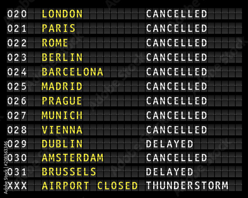 Flight information on an airport showing cancelled flights because of a thumderstorm, vector