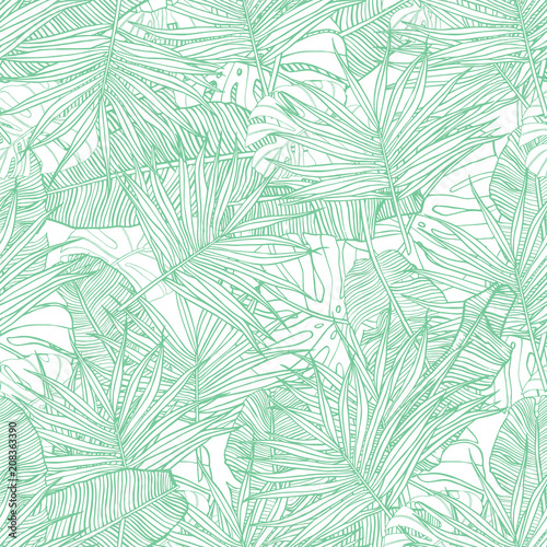 Tropical seamless pattern. Texture with banana leaves, palm and  monstera. Hand drawn illustration. Summer vector design.