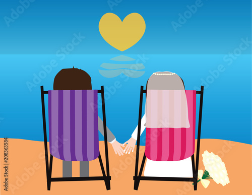 Bride a groom sitting on beach chairs looking at the sea